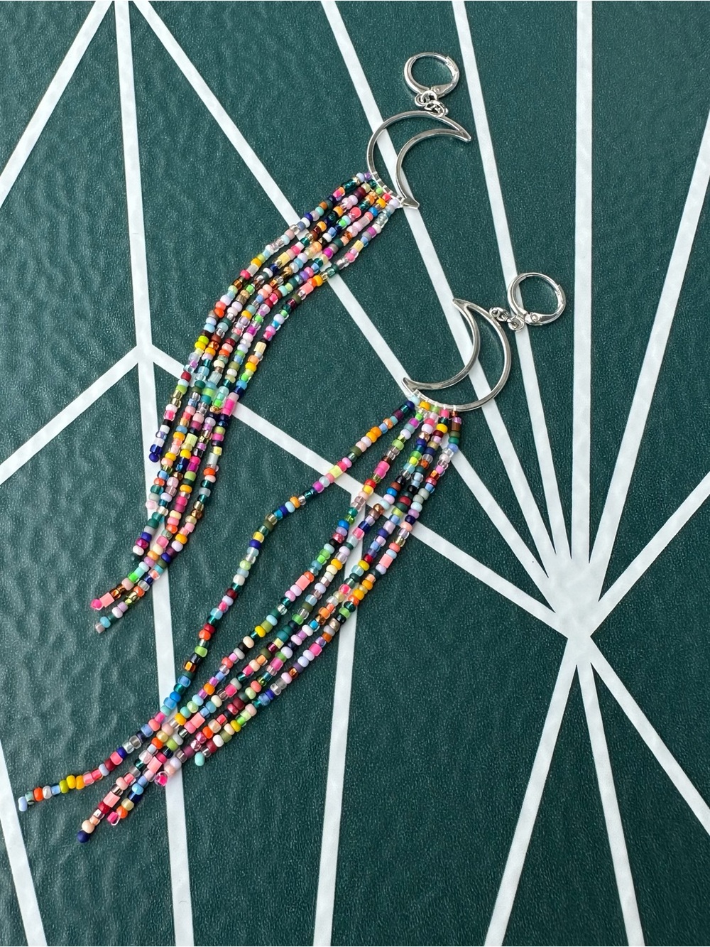 Seed Bead Crescent Moon Fringe Earrings - handmade